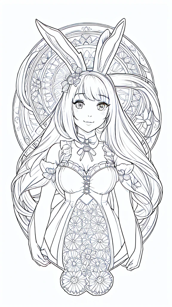 (Bunny girl:1.5), 8k, black and white drawing of circular design, intricate thin lines, centering radial design, coloring pages, simplified zentangle, coloring book outline, black and white only, no outline, intricate designs, coloring book, celtic design, intricate lines, no gradients