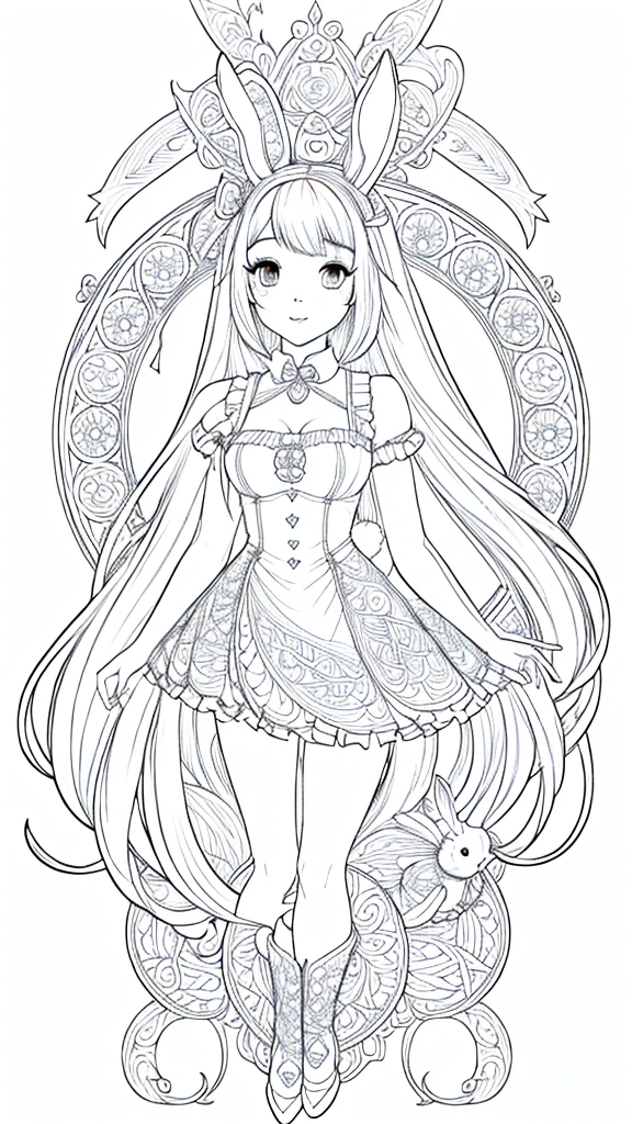 (Bunny girl:1.5), 8k, black and white drawing of circular design, intricate thin lines, centering radial design, coloring pages, simplified zentangle, coloring book outline, black and white only, no outline, intricate designs, coloring book, celtic design, intricate lines, no gradients