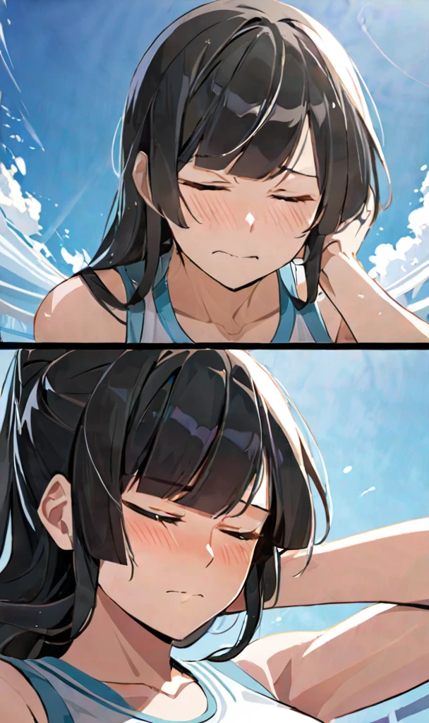 masterpiece,best quality, solo, eda, bangs, black hair, blue sky,cloud, shy expression, blushing expression, embarrassed expression, medium breast, hot, thicc, she is embarassed , she has a medium chest, she is wearing a gym outfit ,she is looking at you, closed mouth, cleavage, upper body , she is looking down on you, she is in the gym, she is working out, she is wearing sports, she is wearing white sando, she is fit, she is looking at the viewer, upper body, dynamic pose, dinamic view angle, detailed, she is tying her hair, she is super shy, she is embarrassed, closed eyes