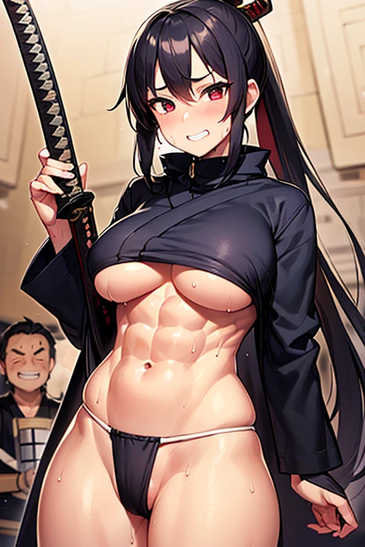 masterpiece, extra limbs, 1lady, young girl 16 years old, black ponytail extremely long hair, black pubic hair, medium breasts large areolas plump beautiful breasts,glamorous,(((abs))), (((chuckle))), 
slant deep red eyes, katana, standing,(clothed samurai,sarashi, fundoshi:1.2),((sweat)),