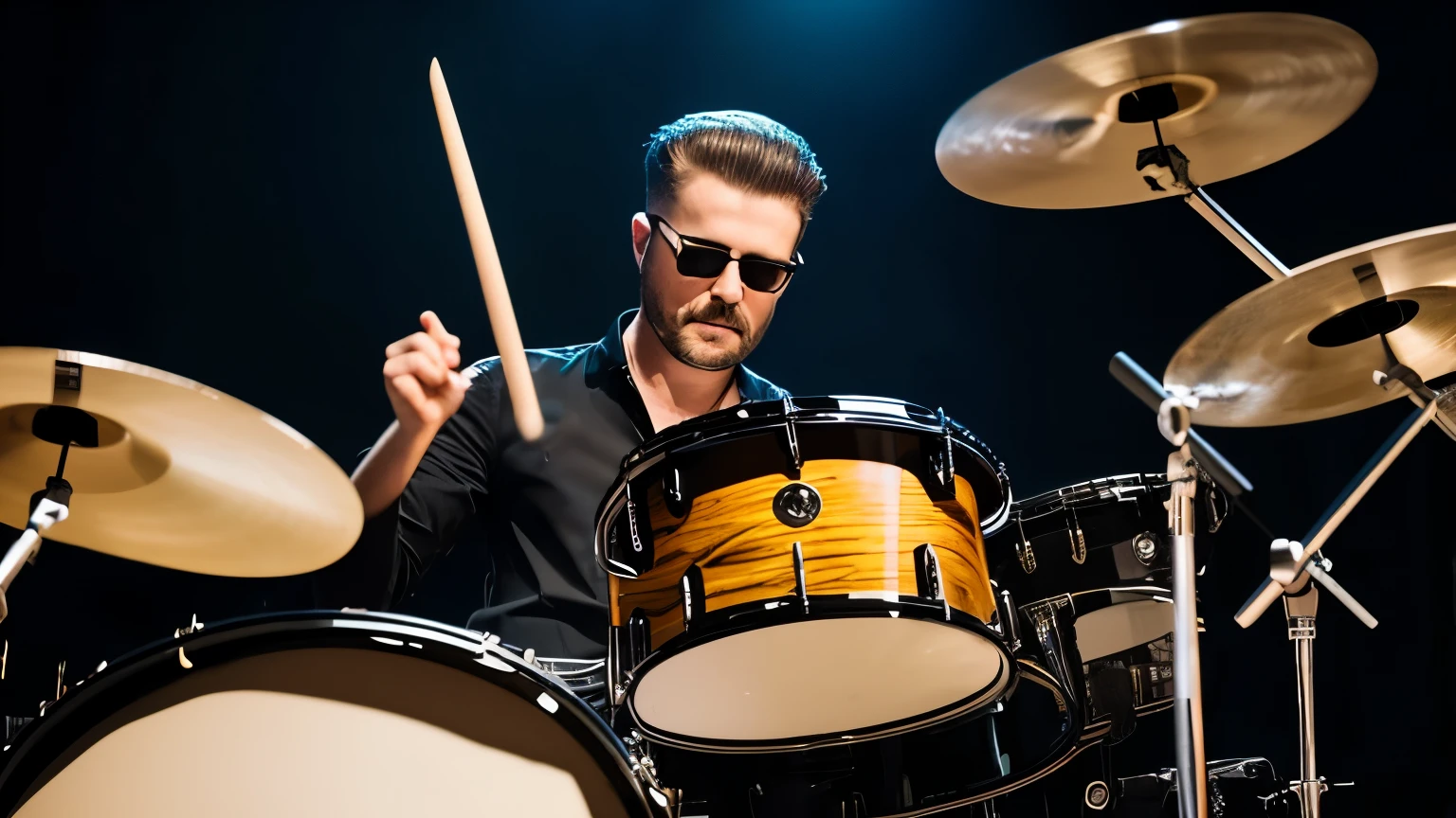 create a rock star playing drums, blues rock style on stage, short hair,realistic,8k, uhd,