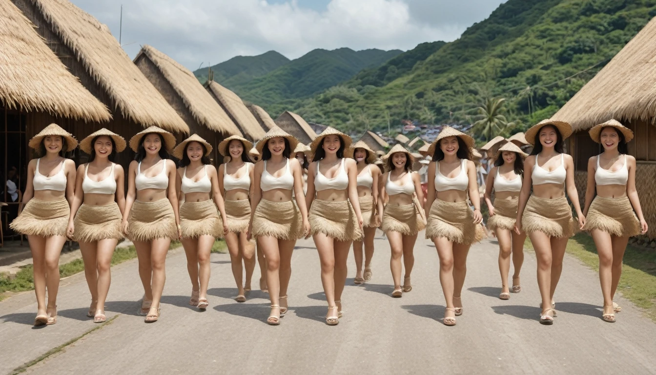 8k, best quality, worked: 1.2), (realistic, photo-realistic: 1.37), highly detailed, (7 girls), The realistic image shows a large group of women wearing short cream-colored skirts, walking between thatched-roof houses. The women in the image appear to be of different ages and short body shapes, and they are all wearing uniform swimsuits. The background shows rows of houses or buildings whose roofs are made of natural materials such as straw or thatch, giving the impression of a traditional village or settlement. The atmosphere of this image looks like a parade or special event involving many female participants. , breasts, beautiful eye details, (ripped dress: 1.1), ((sexy)), (beige shabby bikini), curvy body, (full body), standing, sexy,