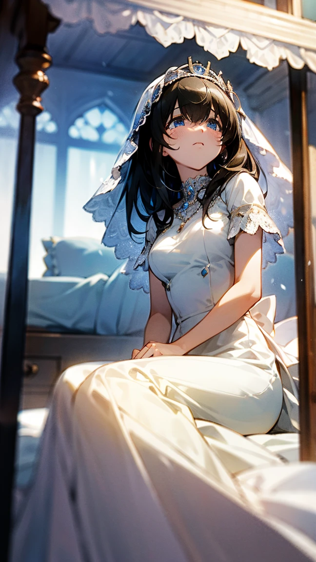 In a pure white room, Fumika Sagisawa is wearing a wedding dress and is sitting in shackles on a luxurious canopy bed, crying.