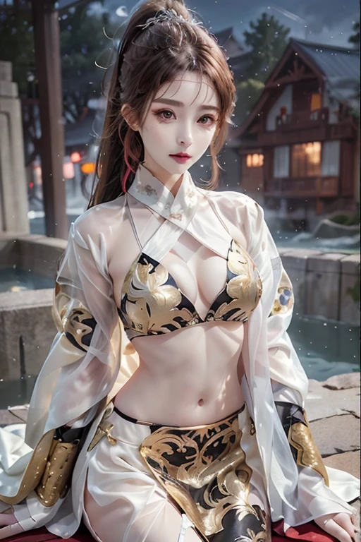 Fei Yu_robes， red cloth, red hair, Whole body, Gold Embroidery， black embroidered gold， high ponytail, braid, depth of field, night scenery，, 1 girl，25 year old girl, ulzzang-6500v1.1， （manuscript： 1.2）， （realistic： 1.3） ， สาวสวยกับdetailsที่สวยงาม， ดวงตาและใบหน้าที่Very detailed， ดวงตาพร้อมdetailsที่สวยงาม， blonde hair， The resolution is incredibly ridiculous.， hugeFilesize， ไฮเปอร์details， High resolution，very big breasts, Very detailed， best quality， Masterpiece， illustration， มีdetailsและสวยงามเป็นพิเศษ， Very detailed， CG， unity， 8k wallpaper， Surprisingly， details， Masterpiece， Highest quality， official art， วอลล์เปเปอร์ CG unity 8k ที่มีdetailsมาก， Cinematic lighting， （Perfect shiny skin：0.6）， The lines are thin and smooth.， （floating）， ear nipple ring ， Masterpiece， best quality best, seductive pose,