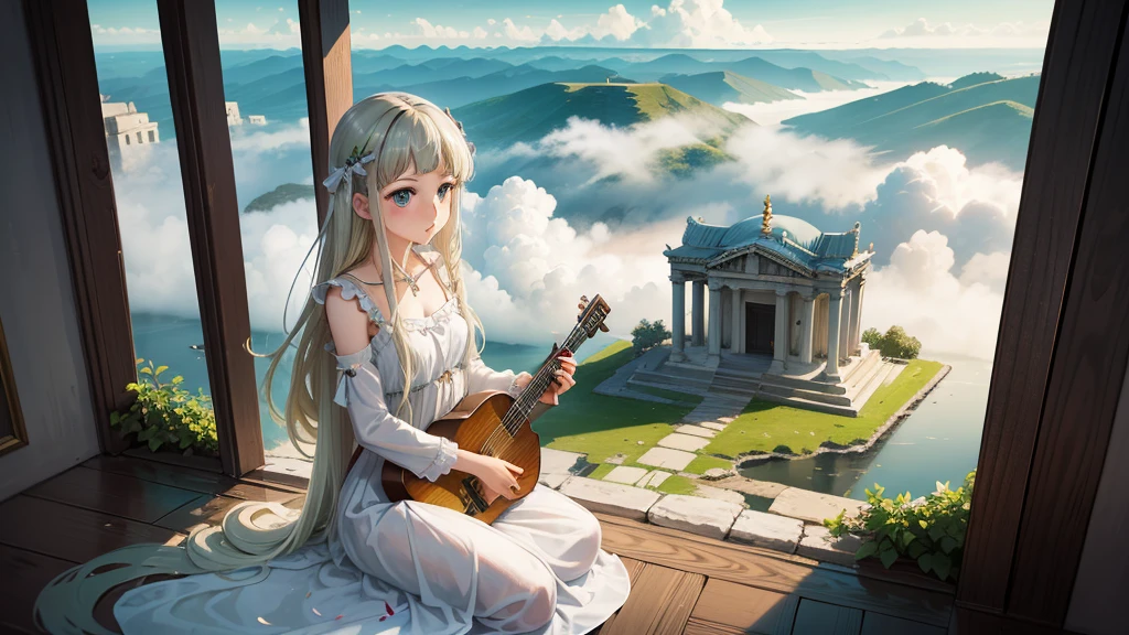 最high quality、high quality、Young Greek God々、Sanctuary Grasslands、Long dress、Full of light、Mysterious、Little angels are playing instruments all around、Greek temple in the clouds、You can see the sea of clouds、skyline、