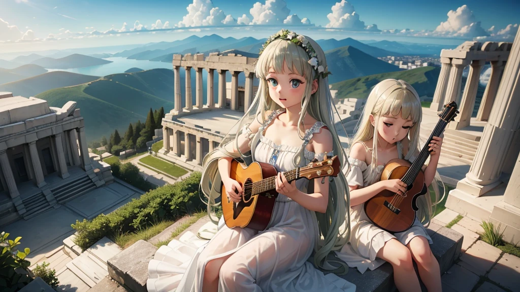 最high quality、high quality、Young Greek God々、Sanctuary Grasslands、Long dress、Full of light、Mysterious、Little angels are playing instruments all around、Greek temple in the clouds、You can see the sea of clouds、skyline、