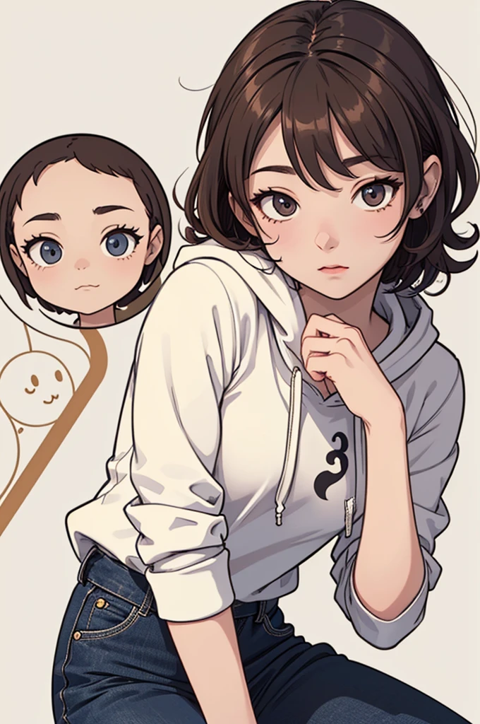 (((masterpiece, best quality, ultra highres, 1 girl, solo, no background))), super detailed skin and face and eyes and finger, beautiful japanese woman, small breasts:1.5, skinny, light brown hair, white background, very short curly pixie hair, (an illustration of girl), Knee shot, Generate with illustrations, Various expressions, Various poses, Please draw the entire character within the frame, ensuring that the head, arms, and legs are not cut off. The background should be simple, with the character positioned centrally, outline, anime, hoodie,