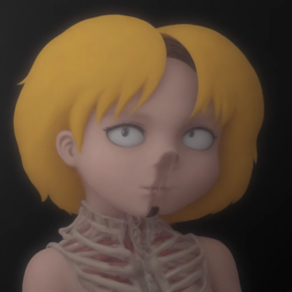 close-up, looking at viewer split head and body of a Lisa Simpson, inside a skeleton, subsurface scattering, ultra hd, 4k, high def, Photorealistic, Hyperrealistic, Hyper detailed, analog style, realistic, masterpiece, best quality, ultra realistic, 8k, Intricate, High Detail, film photography, soft lighting,  heavy shadow