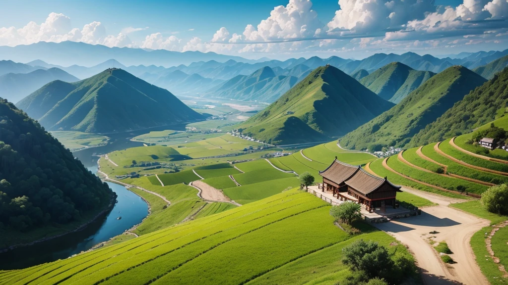 Beautiful scenery of Chinese countryside, Aerial view, Photorealistic photos. High definition, 8K