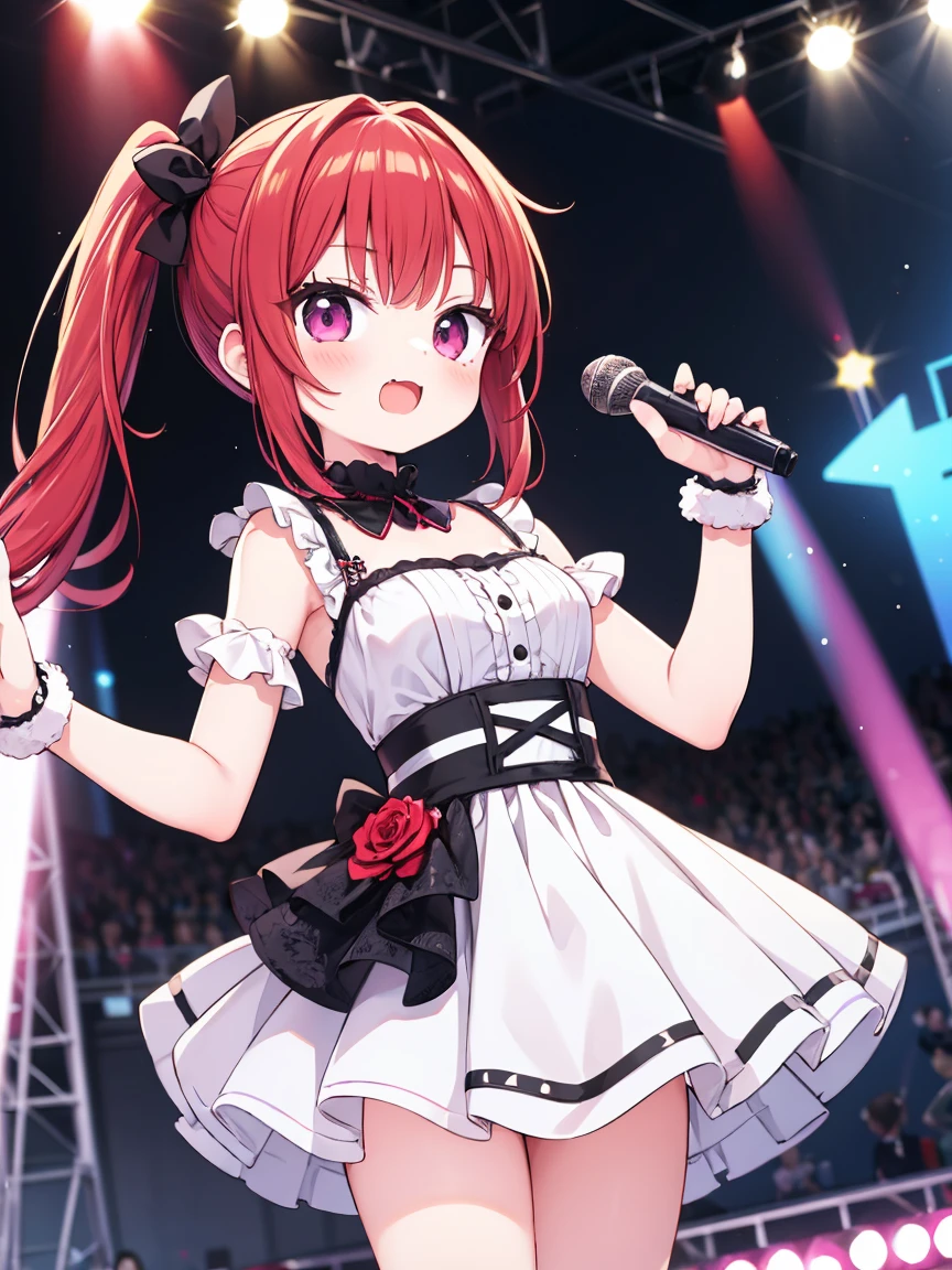 Anime Style, One girl, ((Mega Side Ponytail)), Red hair short cut、 Idol, Idol dress, cute、sing, Execute, stage 