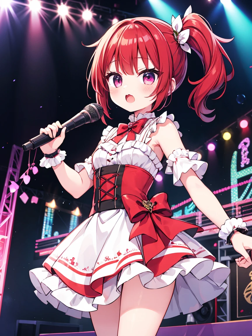 Anime Style, One girl, ((Mega Side Ponytail)), Red hair short cut、 Idol, Idol dress, cute、sing, Execute, stage