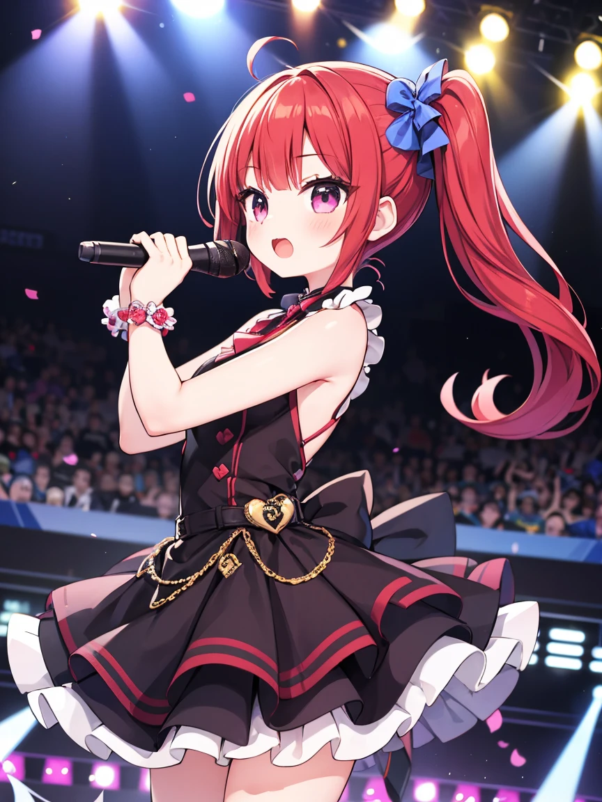 Anime Style, One girl, ((Mega Side Ponytail)), Red hair short cut、 Idol, Idol dress, cute、sing, Execute, stage
