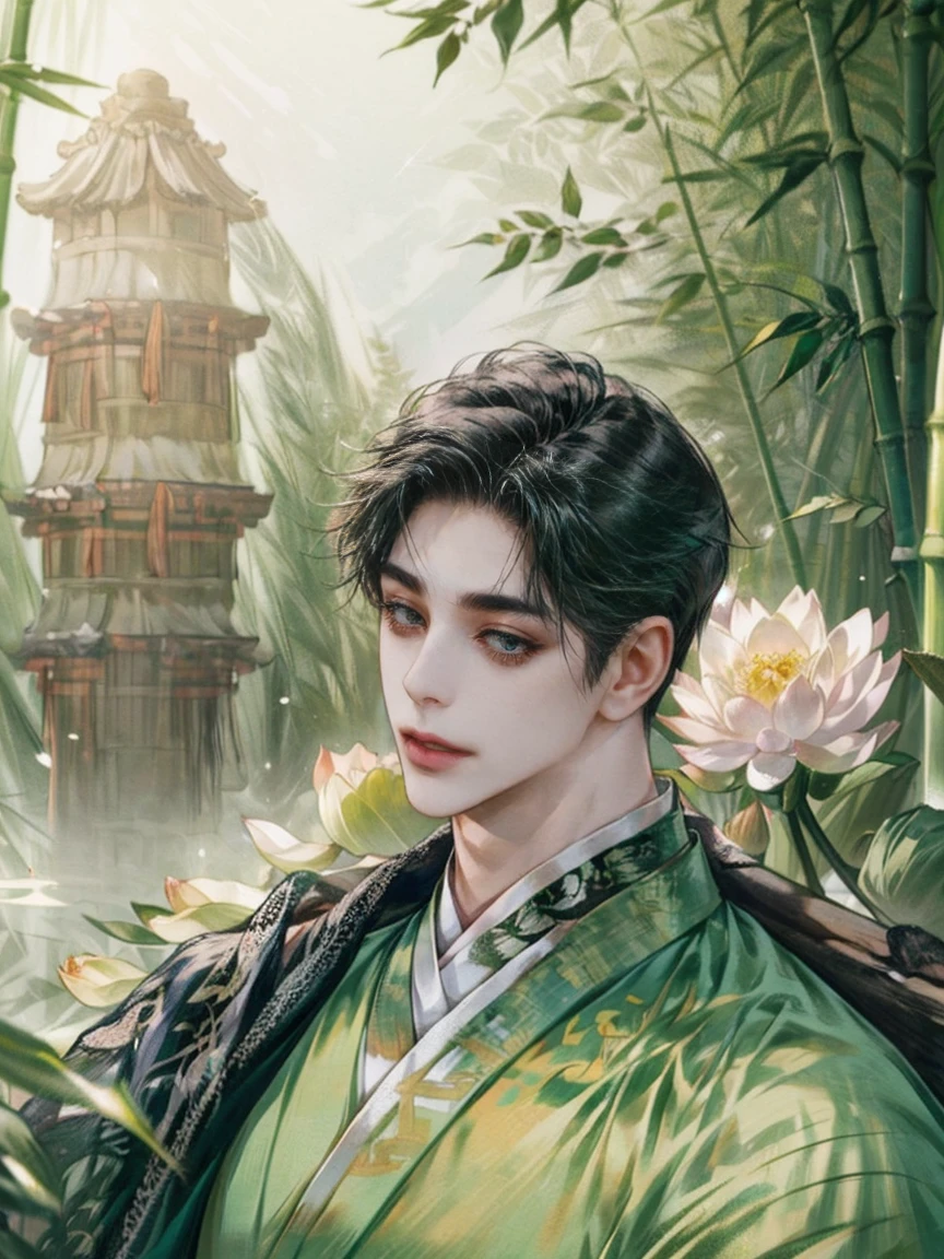 (((best quality))),masterpiece,ultra high resolution,extraordinarily beautiful youth, a bright, innocent smile,All green clothing,((boy 20 year old, green hanfu,green clothing, Chinese shirt style)) ,boy character ,((Thick black long hair)),beautiful face,detailed interior, detailed boy,((man)),(in bamboo forest), house China style, pure white lotus,beautiful and cute boy ,black eyes,((solo man)),(he has a Big eyes, charming lips, slim nose and small face),(slim figures ),