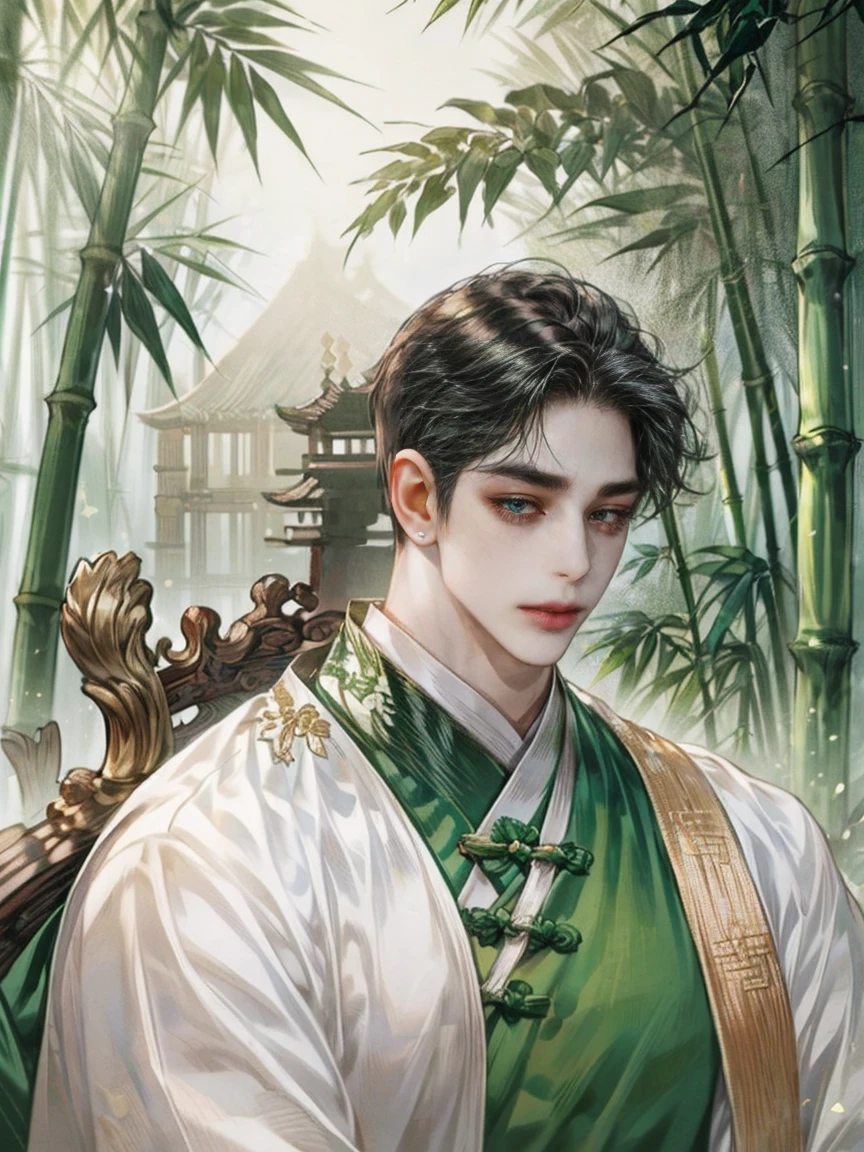 (((best quality))),masterpiece,ultra high resolution,extraordinarily beautiful youth, a bright, innocent smile,All green clothing,((boy 20 year old, green hanfu,green clothing, Chinese shirt style)) ,boy character ,((Thick black long hair)),beautiful face,detailed interior, detailed boy,((man)),(in bamboo forest), house China style, pure white lotus,beautiful and cute boy ,black eyes,((solo man)),(he has a Big eyes, charming lips, slim nose and small face),(slim figures ),