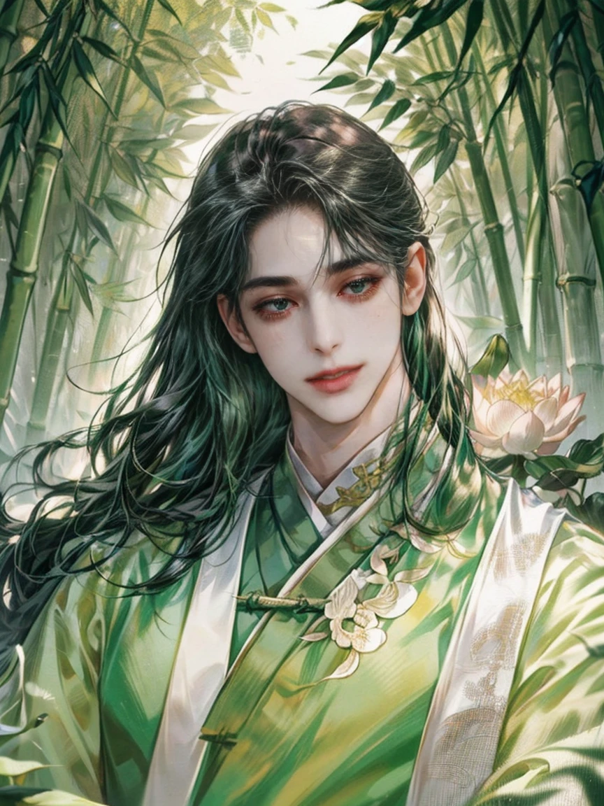 (((best quality))),masterpiece,ultra high resolution,extraordinarily beautiful youth, a bright, innocent smile,All green clothing,((boy 20 year old, green hanfu,green clothing, Chinese shirt style)) ,boy character ,((Thick black long hair)),beautiful face,detailed interior, detailed boy,((man)),(in bamboo forest), house China style, pure white lotus,beautiful and cute boy ,black eyes,((solo man)),(he has a Big eyes, charming lips, slim nose and small face),(slim figures ),