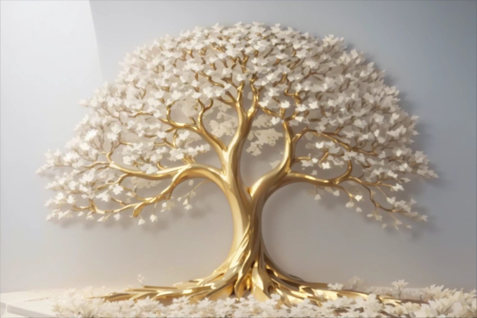 there is a golden tree with white flowers, golden sacred tree, the tree of Life, tree of Life seed of doubt, tree of Life, sculpture made of gold, a huge silver tree, rich tree, intricate highly detailed 8k, the world tree, made of shiny white metal, gold foil art, detailed intricate rendering, made of liquid metal and marble