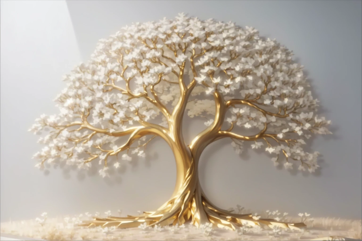 there is a golden tree with white flowers, golden sacred tree, the tree of Life, tree of Life seed of doubt, tree of Life, sculpture made of gold, a huge silver tree, rich tree, intricate highly detailed 8k, the world tree, made of shiny white metal, gold foil art, detailed intricate rendering, made of liquid metal and marble