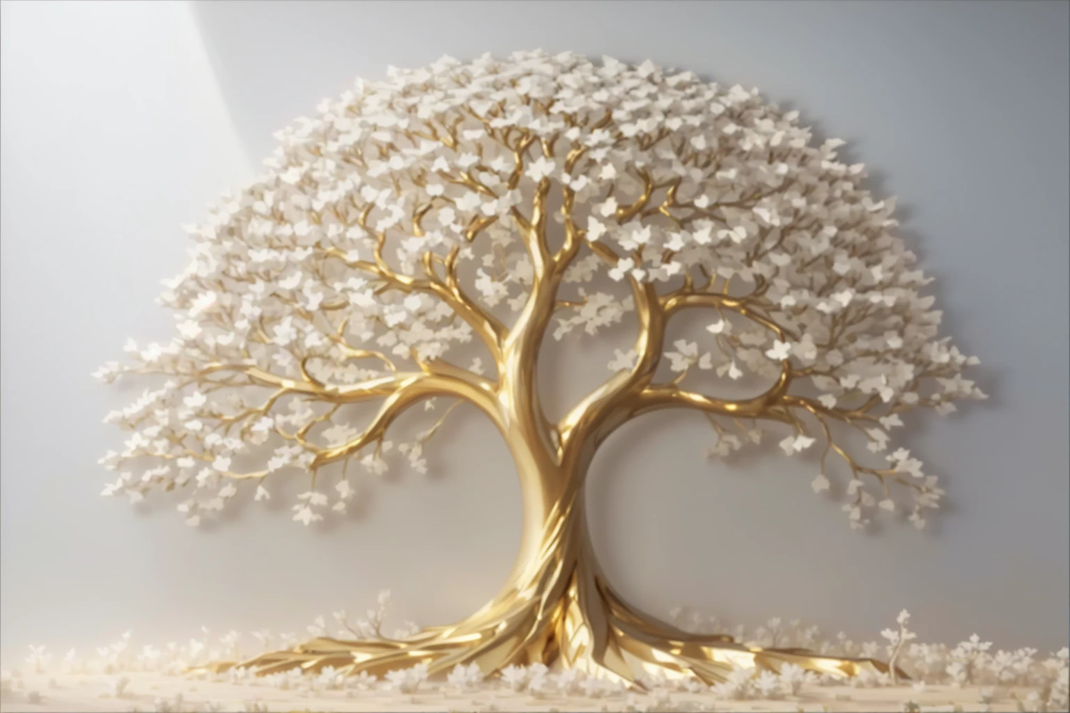 there is a golden tree with white flowers, golden sacred tree, the tree of Life, tree of Life seed of doubt, tree of Life, sculpture made of gold, a huge silver tree, rich tree, intricate highly detailed 8k, the world tree, made of shiny white metal, gold foil art, detailed intricate rendering, made of liquid metal and marble