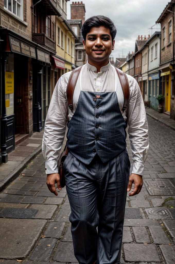  a chubby and endearing 15-year-old Indian boy, standing on a cobbled street in late 18th-century England:

Physical Description: Gopal has a round face with plump cheeks that give him a youthful appearance. His eyes are large and curious, set beneath expressive eyebrows. His hair, dark and slightly tousled, is styled in a manner appropriate for the period.

Attire: He wears a pristine white shirt with billowing sleeves, tucked into breeches that reach just below the knee. Over his shirt, colorful suspenders with intricate patterns hold up his trousers. His shoes are sturdy and suitable for walking on the uneven cobblestones.

Expression: Gopal's face is lit up with a wide, infectious grin, showcasing a row of slightly crooked but endearing teeth. His eyes sparkle with wonder and excitement as he takes in the sights and sounds of the bustling late 18th-century street.

Background: Place him in a bustling street scene typical of late 18th-century England, lined with shops, carriages, and pedestrians in period-appropriate attire. The architecture should reflect Georgian or early Victorian styles, with gas lamps casting a warm glow against the backdrop of a cloudy sky.