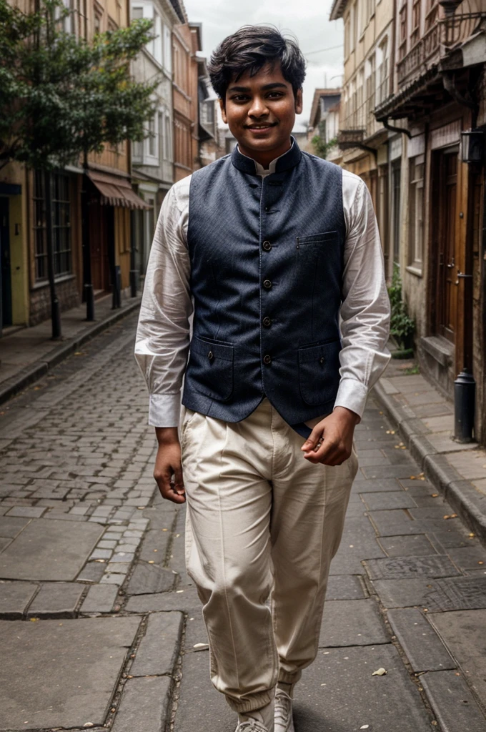 a chubby and endearing 15-year-old Indian boy, standing on a cobbled street in late 18th-century England:
Physical Description: Gopal has a round face with plump cheeks that give him a youthful appearance. His eyes are large and curious, set beneath expressive eyebrows. His hair, dark and slightly tousled, is styled in a manner appropriate for the period.
Attire: He wears a pristine white shirt with billowing sleeves, tucked into breeches that reach just below the knee. Over his shirt, colorful suspenders with intricate patterns hold up his trousers. His shoes are sturdy and suitable for walking on the uneven cobblestones.
Expression: Gopal's face is lit up with a wide, infectious grin, showcasing a row of slightly crooked but endearing teeth. His eyes sparkle with wonder and excitement as he takes in the sights and sounds of the bustling late 18th-century street.
Background: Place him in a bustling street scene typical of late 18th-century England, lined with shops, carriages, and pedestrians in period-appropriate attire. The architecture should reflect Georgian or early Victorian styles, with gas lamps casting a warm glow against the backdrop of a cloudy sky.