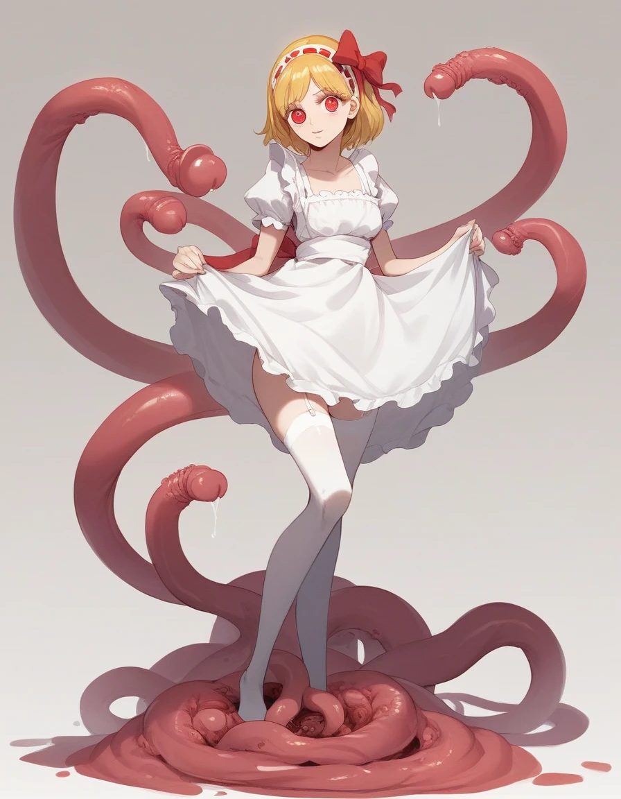 BREAK Perfect Anatomy、(High resolution:1.2)、Incredible illustrations、(Cute illustrations:1.2)、(Beautiful background、Darkness) Alice in Wonderland(a girl, 1.5meters, 40kg,bionde,Red glowing eyes,Shiny straight super long)(country one piece dress,apron dress,head ribbon,sexy lingerie,garter stockings),(half undressed,glands:1.4)(tentacle)Full body view(nendroid)