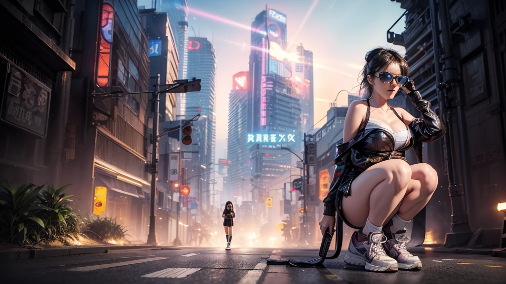 8k, Realistic Skin Texture, Realistic Photo, Neo Tokyo, slim Japanese women, large-breast:1.3 cleavage:1.2, AD2050 at night, Dirty hunting jacket, Wearing tube top, miniskirt, (((black sunglasses, automatic rifle, sneakers, cold, shooting pose, low angle view))), Innovative composition, revenge, cyberpunk, blade runner worldview, Large neon sign, Geisha hologram sign, Strong Wakamoto Sign.