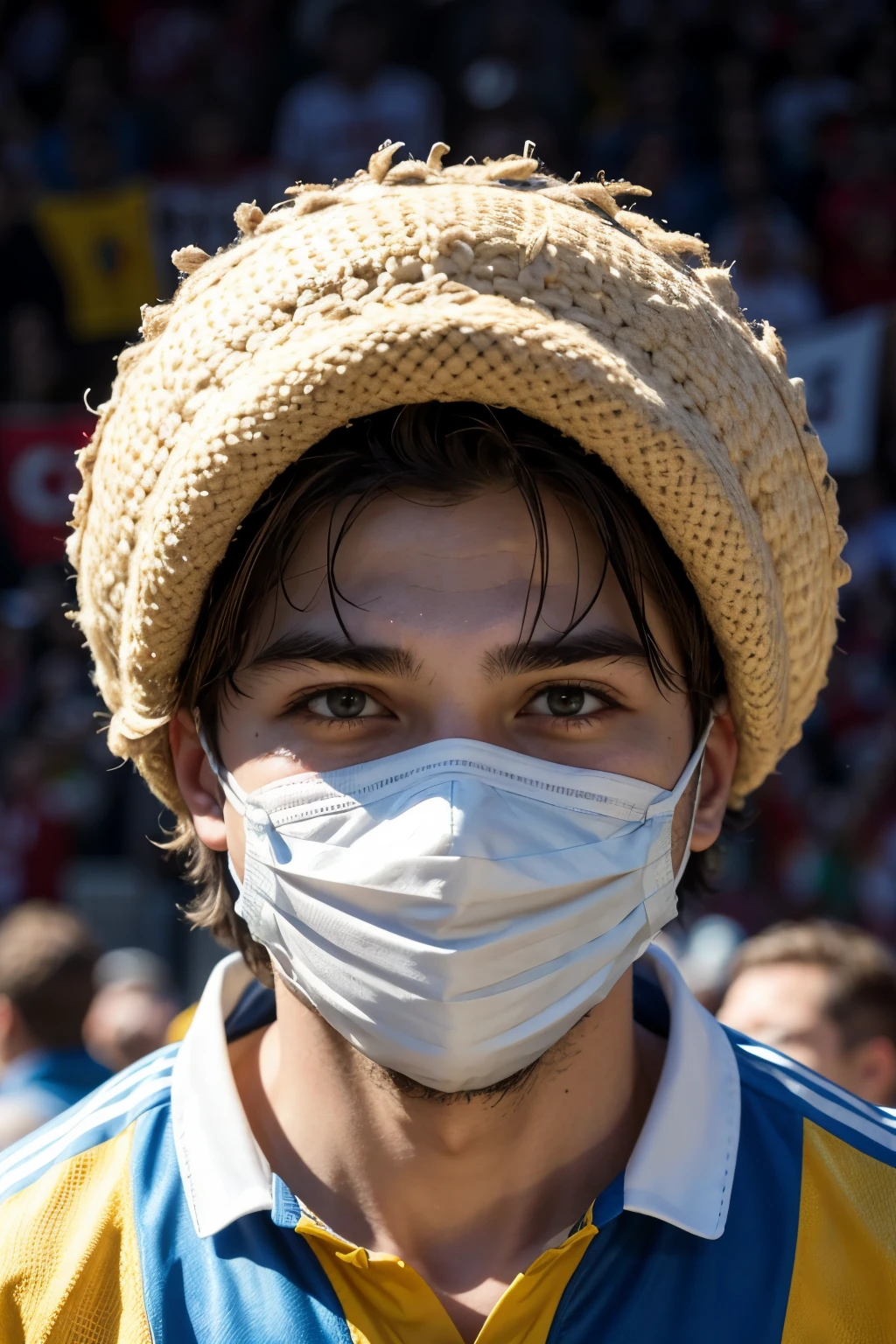 Create a player with a mask celebrating a goal for the Spanish national team