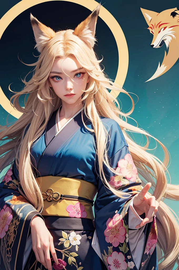 Androgynous young man, very long wavy blond hair, kimono, pretty pose, kemonomimi, fox ear, fox tail, different-colored eyes, minnow eyes, thin, long eyelashes, looking at the camera, close-up portrait.