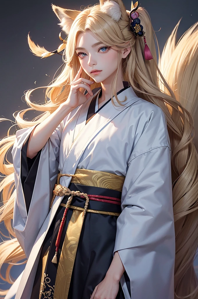 Androgynous young man, very long wavy blond hair, kimono, pretty pose, kemonomimi, fox ear, fox tail, different-colored eyes, minnow eyes, thin, long eyelashes, looking at the camera,  close-up portrait.