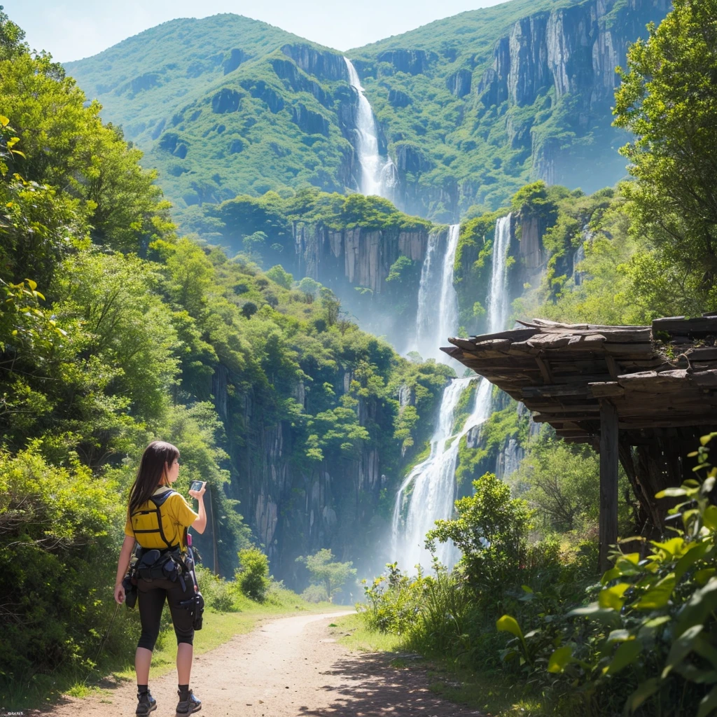 Create an image of a female adventurer wearing bright yellow clothes, showing a clear lack of interest in a smartphone. She should be holding the phone, but her focus should be on something else, such as the scenery around her or an adventure map. The setting can be an outdoor location like a forest or mountain trail, emphasizing her adventurous spirit. The overall mood should convey her disinterest in technology and her preference for the natural world.