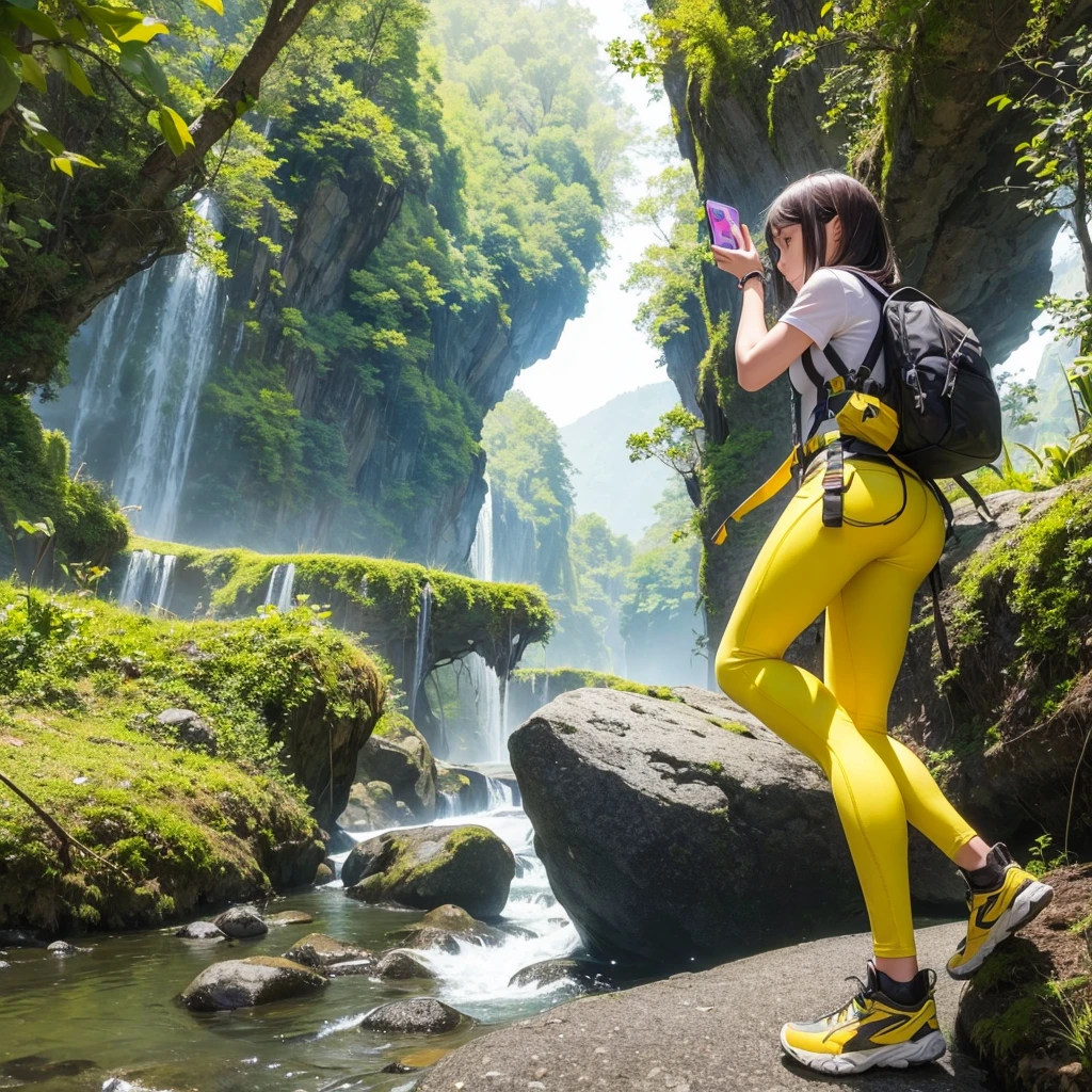 Create an image of a female adventurer wearing bright yellow clothes, showing a clear lack of interest in a smartphone. She should be holding the phone, but her focus should be on something else, such as the scenery around her or an adventure map. The setting can be an outdoor location like a forest or mountain trail, emphasizing her adventurous spirit. The overall mood should convey her disinterest in technology and her preference for the natural world.