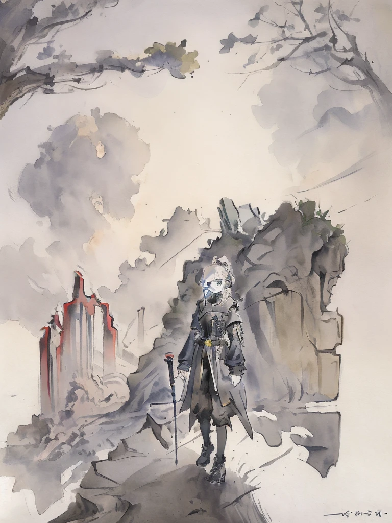 Masterpiece, Highest quality, Low Contrast((must))A Russian girl in her early 20s with ash grey hair, Head to toe full body, Fully equipped with mechanical protectors, In the ruins, The face is precise((must))