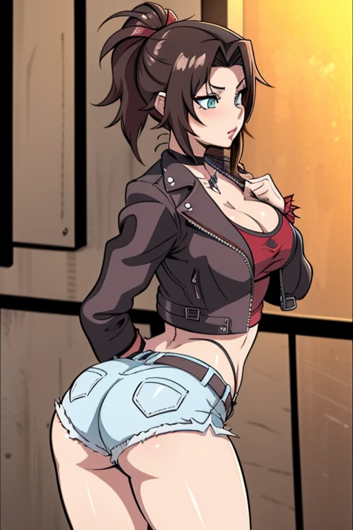 20 year old woman, busty, large breasts, bubble butt, hourglass figure, skinny, blushing, angry expression, horny, seductive, short hair, brown hair, bangs, wearing chestnut brown leather, brown jacket, biker jacket, cropped leather jacket, white tank top, brown denim hotpants, booty shorts, transparent stockings, spiked belt, spiked wristband, choker, tight fitting clothing, cleavage, flat colours, anime, ecchi anime style, at rave, nightclub, heavy makeup, kissable lips, punk, punk style, punk hair, hentai, manga, ahegoe, random porn pose, ruby rose, rwby, aerith FF7, Aerith Gainsborough, steam punk