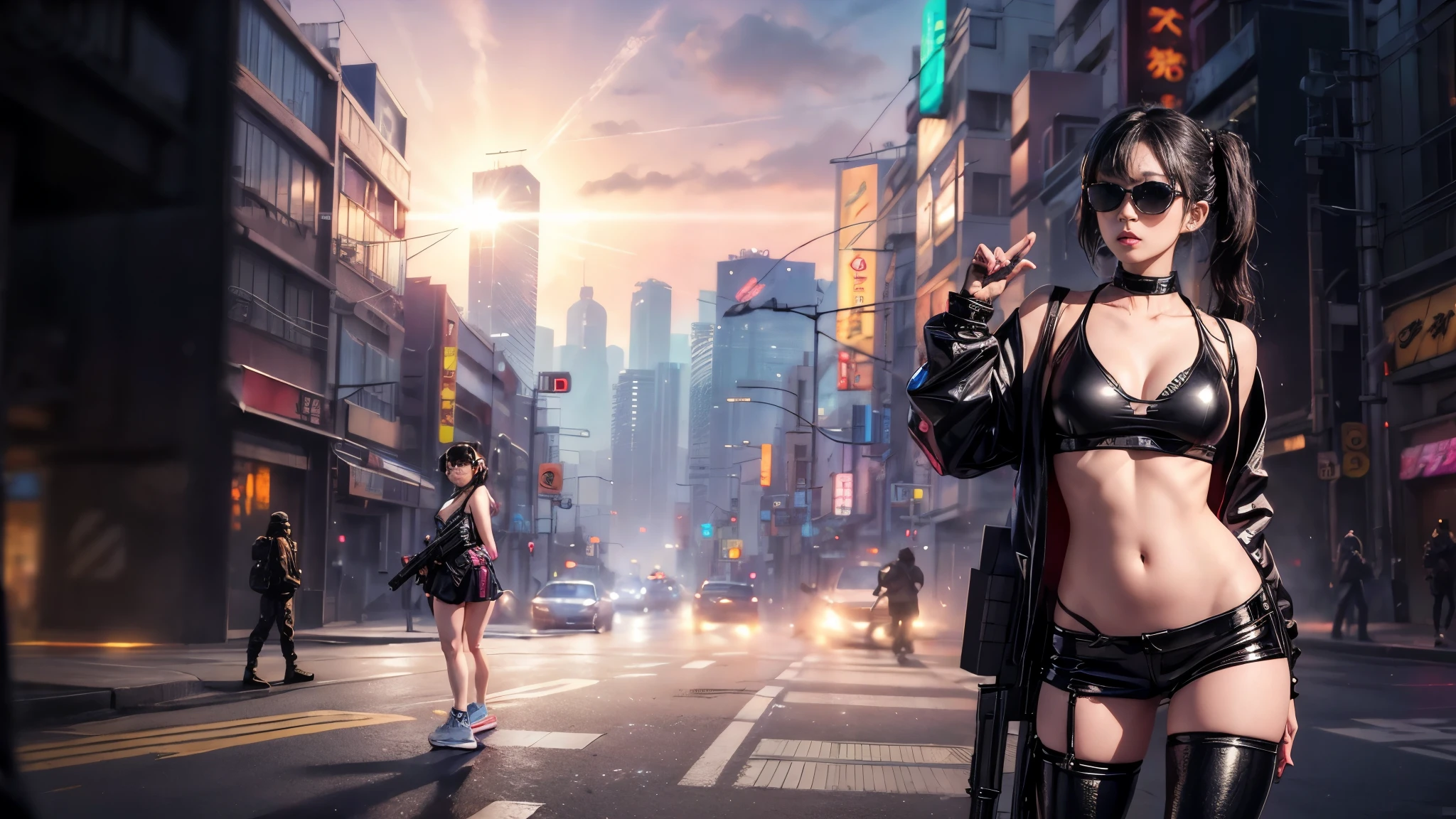 8k, Realistic Skin Texture, Realistic Photo, Neo Tokyo, slim Japanese women, large-breast:1.3 cleavage:1.2, AD2050 at night, Dirty hunting jacket, Wearing tube top, miniskirt, (((black sunglasses, automatic rifle, sneakers, cold, shooting pose, low angle view))), Innovative composition, revenge, cyberpunk, blade runner worldview, Large neon sign, Geisha hologram sign, Strong Wakamoto Sign.