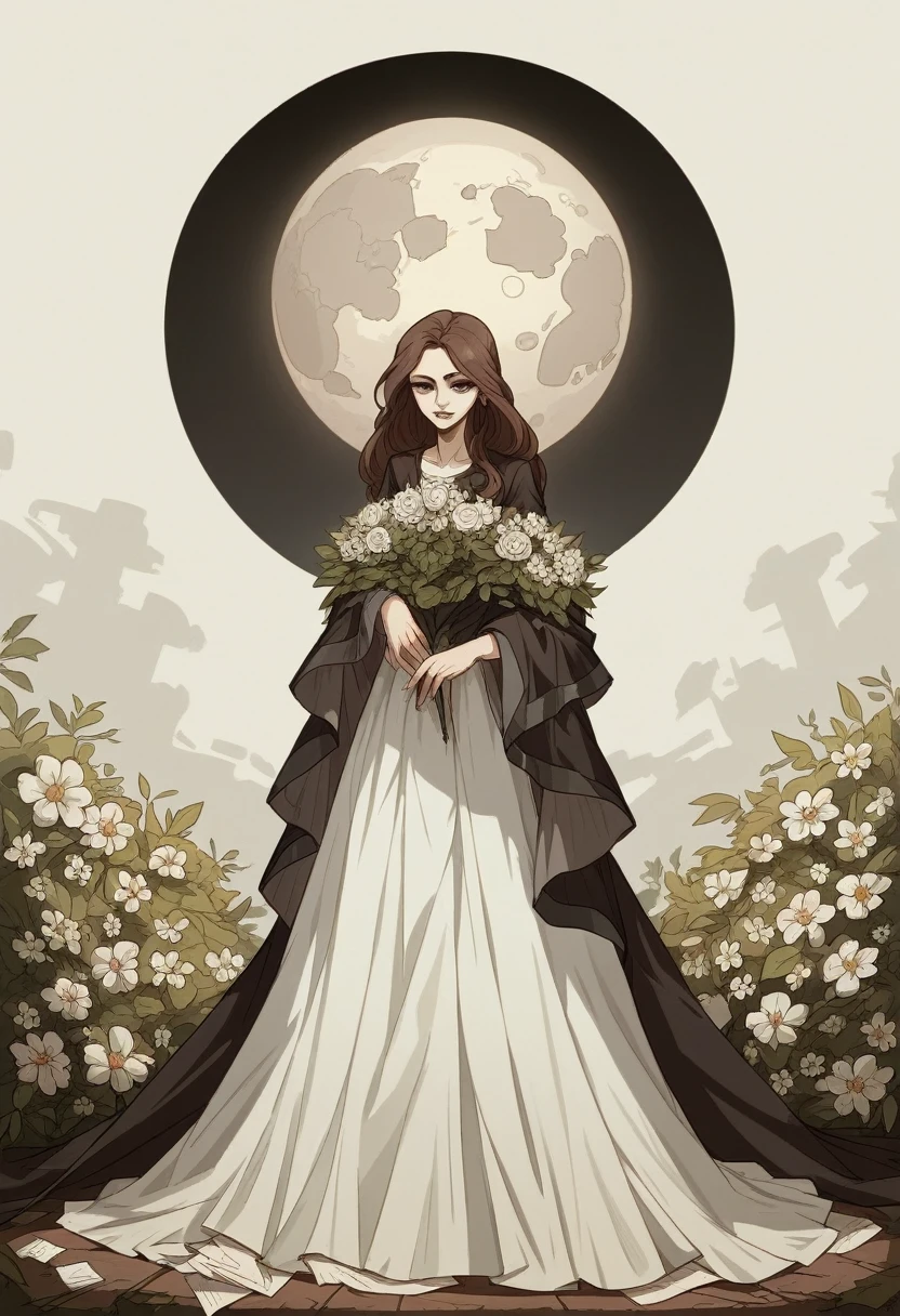 (masterpiece),(Best quality), illustration, (fantasy:1.4), Brown Long Hair, Long eyelashes, solid round eyes, A slight smile, Surrealism, shadow, anaglyph, stereogram, atmospheric perspective, 8 k, super detail, accurate, Best quality, uhd, Textured leather, long dress, moon, flowers , paper_cut