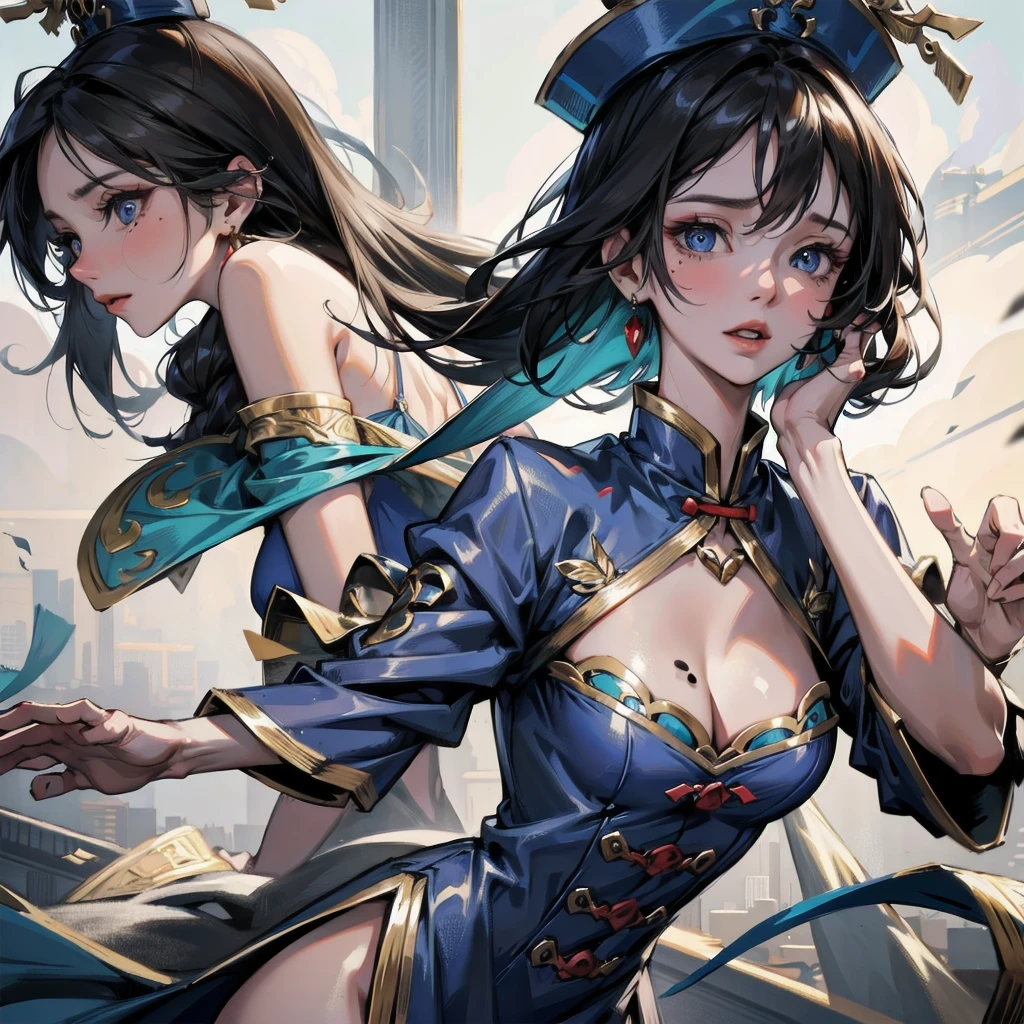 absurdres, RAW photo, extremely delicate and beautiful, masterpiece, Best Quality, ultra high resolution, 32k, hyperrealistic, ultra-detailed, in her 20s, delicate facial features, beautiful detailed girl, extremely detailed eyes and face, beautiful detailed eyes, tearful mole, earring, medium breasts, full body shot, shorter middle hair, black hair, jiangshi costume, hat, blue dress,