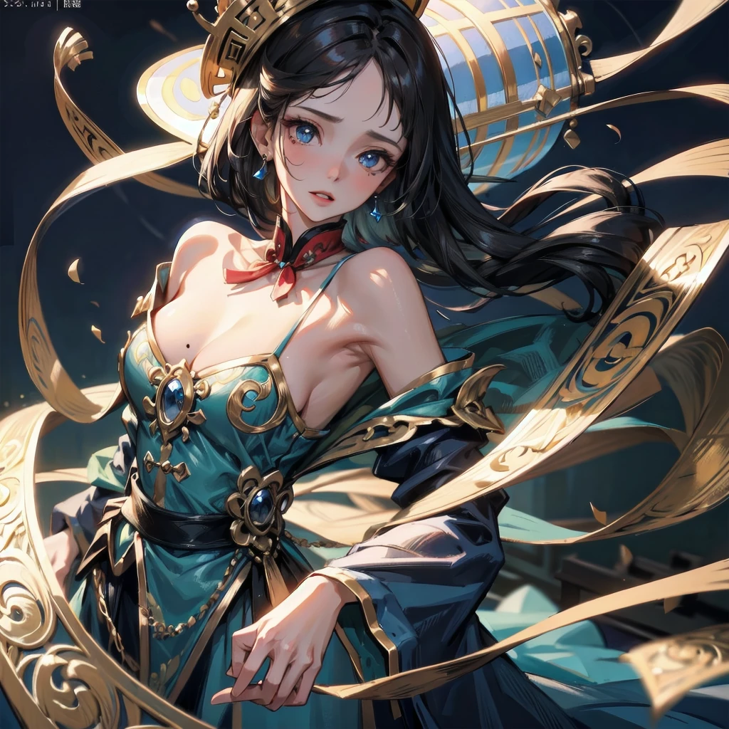absurdres, RAW photo, extremely delicate and beautiful, masterpiece, Best Quality, ultra high resolution, 32k, hyperrealistic, ultra-detailed, in her 20s, delicate facial features, beautiful detailed girl, extremely detailed eyes and face, beautiful detailed eyes, tearful mole, earring, medium breasts, full body shot, shorter middle hair, black hair, jiangshi costume, hat, blue dress,