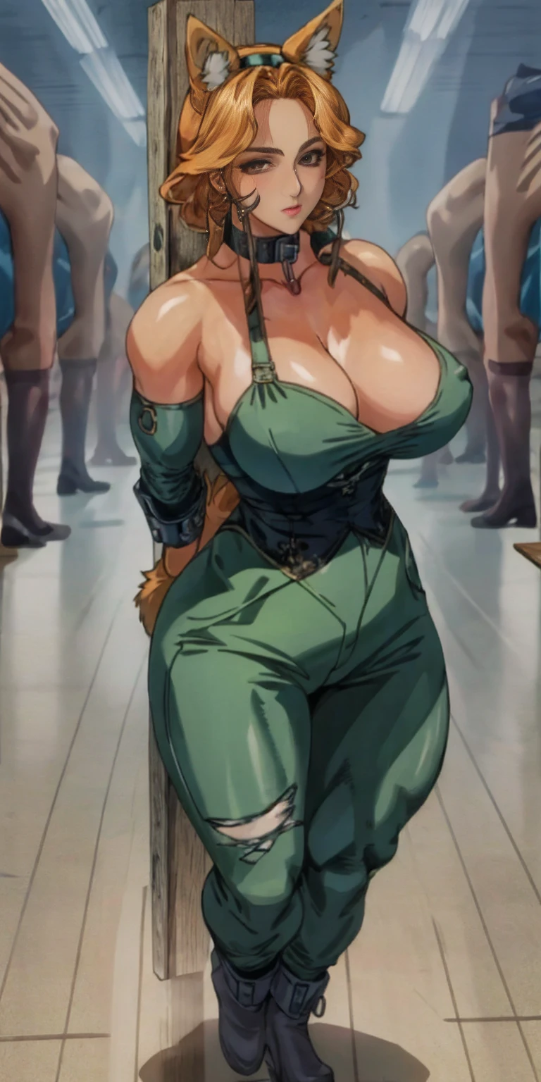 (Masterpiece, best quality, intricate details, 1sologirl) (Roxanne Slave harem attire) iron collar, arms behind back, iron cuffs, shackles, bound ((standing by wooden pole:1.2)) show entire body frontal position, feet in view, realistic, gorgeous, 1girl, solo, looking at viewer, orange hair, blonde hair, hair between eyes, bangs, brown eyes, breasts, large breasts, animal ears, collar, black hairband, hairband, tail, dog tail, green pants, dog ears, cleavage, floppy ears, black collar, dog girl, bare shoulders, detached sleeves, anime coloring