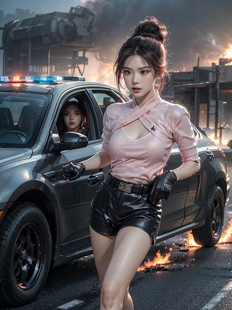 (Top Quality, Ultra High Definition, Photorealistic: 1.4), (backlight), ((close up:1, looking away)), ((Running)), (Pink updo-Hair: 1.3), 1 Girl, (Kpop Idol), Detailed Face, Smooth Skin, Contrapposto, Perfect Anatomy, Cityscape, Professional Lighting, (cloths color base on silver black pink red white), Futuristic Racing Suits, Police costume like Streetwear, police badge, High-Tech Headset, black army belt, racing gloves, hot pants or low , "POLICE", ((Background crashed cars, burning car, fire background, Explosions, Running Audience)),