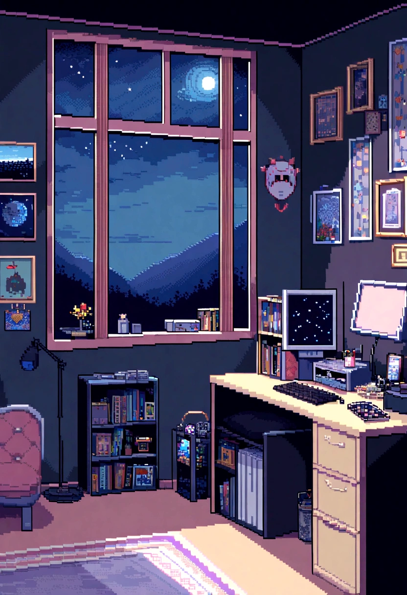 Beautiful gamer room with lots of decorations, Photos and books、And in the room with the window open to see the starry night sky,、No features,Pixel art