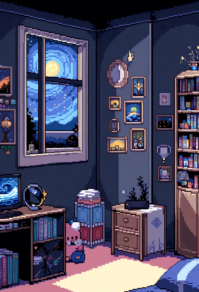 Beautiful gamer room with lots of decorations, Photos and books、And in the room with the window open to see the starry night sky,、No features,Pixel art