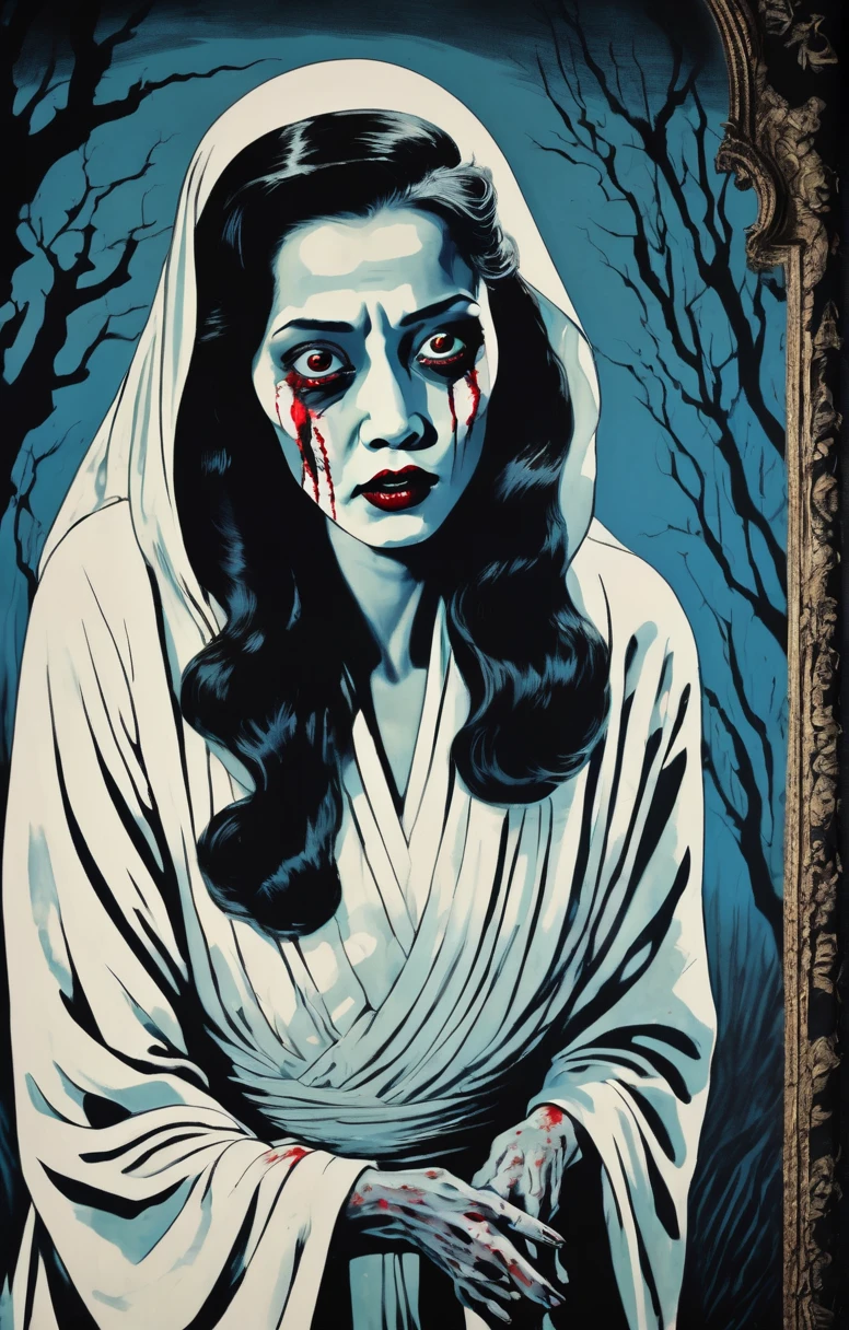 triadic colors, head and shoulders, solo, japanese ink, dark night, grim shadow, dramatic lighting BREAK extreme face close-up shot of 1940's, vintage film poster illustration. A vintage movie poster of horror film. retro style. There is an young creepy, eerie, female zombie of Malay woman, long hair wearing a white long cloth, floating in the air and holding a white tomb stone. background of a abandoned house