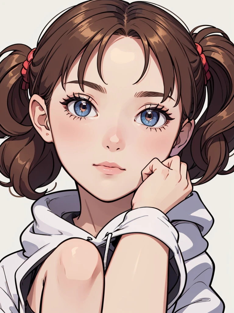 (((masterpiece, best quality, ultra highres, 1 girl, solo, no background))), super detailed skin and face and eyes and finger, beautiful japanese woman, small breasts:1.5, skinny, light brown hair, white background, very short curly pixie hair, (an illustration of girl), Knee shot, Generate with illustrations, Various expressions, Various poses, Please draw the entire character within the frame, ensuring that the head, arms, and legs are not cut off. The background should be simple, with the character positioned centrally, outline, anime, hoodie,