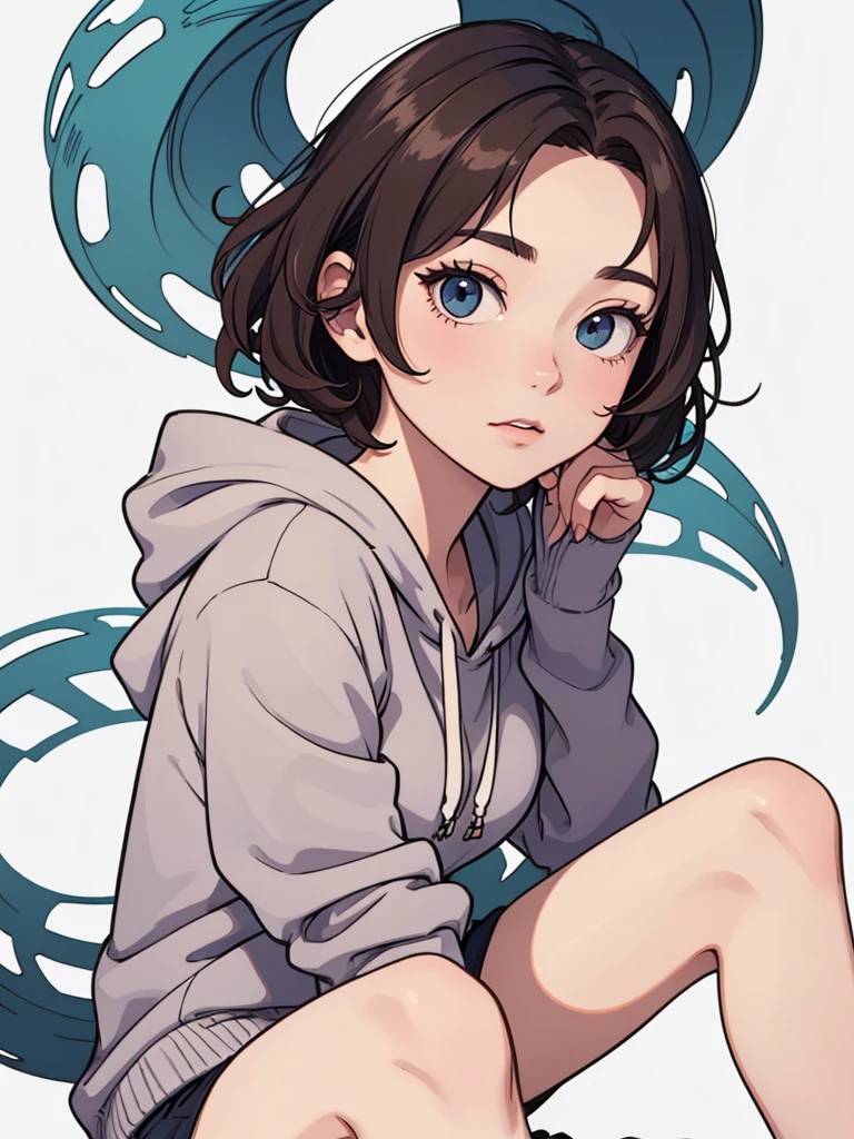 (((masterpiece, best quality, ultra highres, 1 girl, solo, no background))), super detailed skin and face and eyes and finger, beautiful japanese woman, small breasts:1.5, skinny, light brown hair, white background, very short curly pixie hair, (an illustration of girl), Knee shot, Generate with illustrations, Various expressions, Various poses, Please draw the entire character within the frame, ensuring that the head, arms, and legs are not cut off. The background should be simple, with the character positioned centrally, outline, anime, hoodie,
