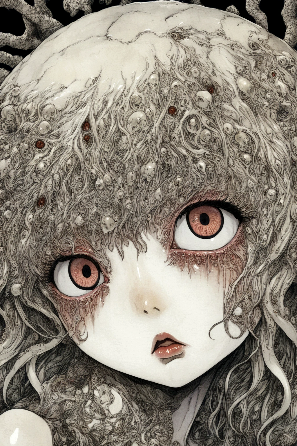 close-up, surreal, a shintaro kago, a school girl, horror anime, horror manga, Surrealism etc