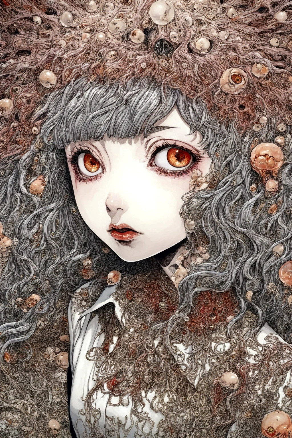 close-up, surreal, a shintaro kago, a school girl, horror anime, horror manga, Surrealism etc