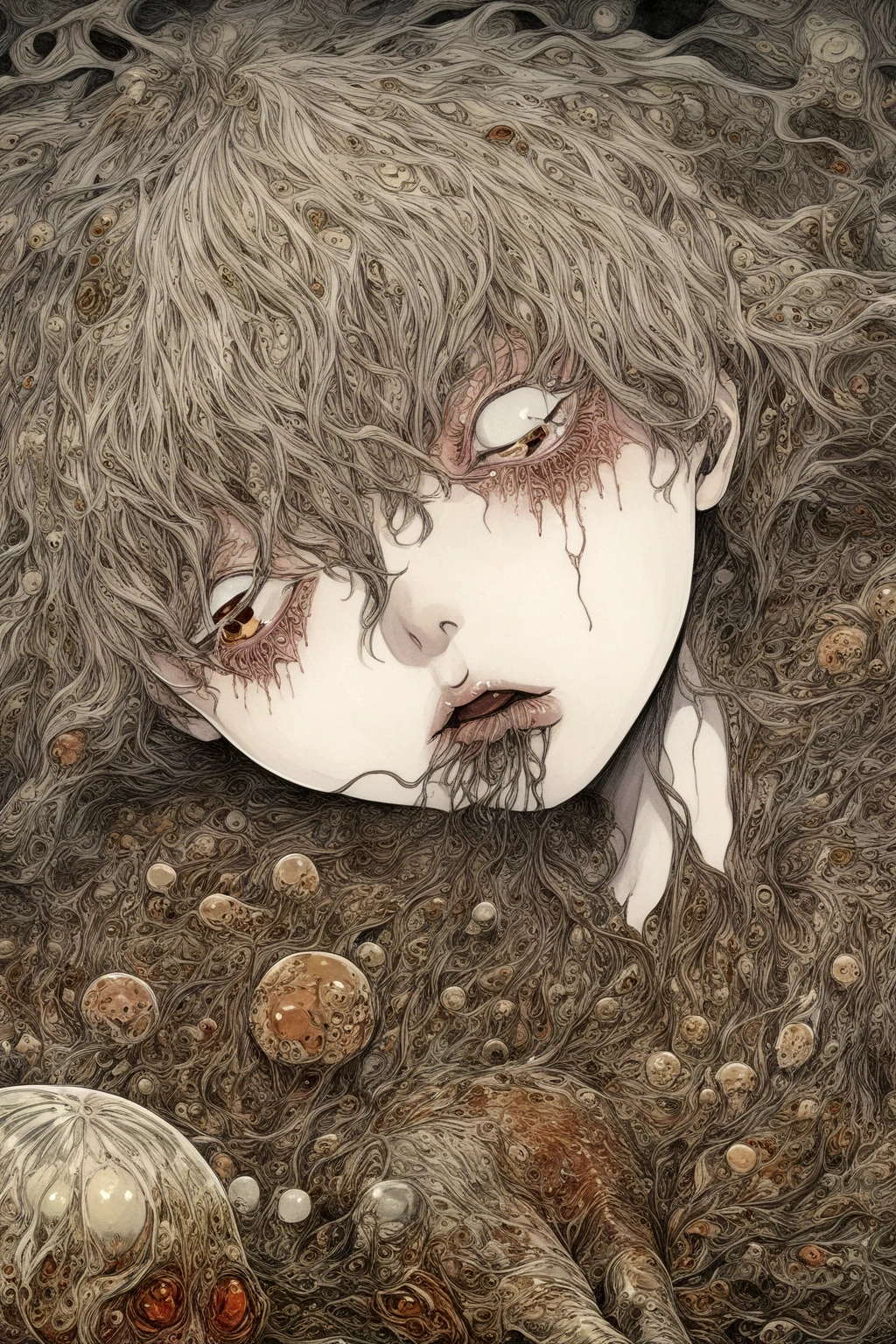 close-up, surreal, a shintaro kago, a school girl, horror anime, horror manga, Surrealism etc