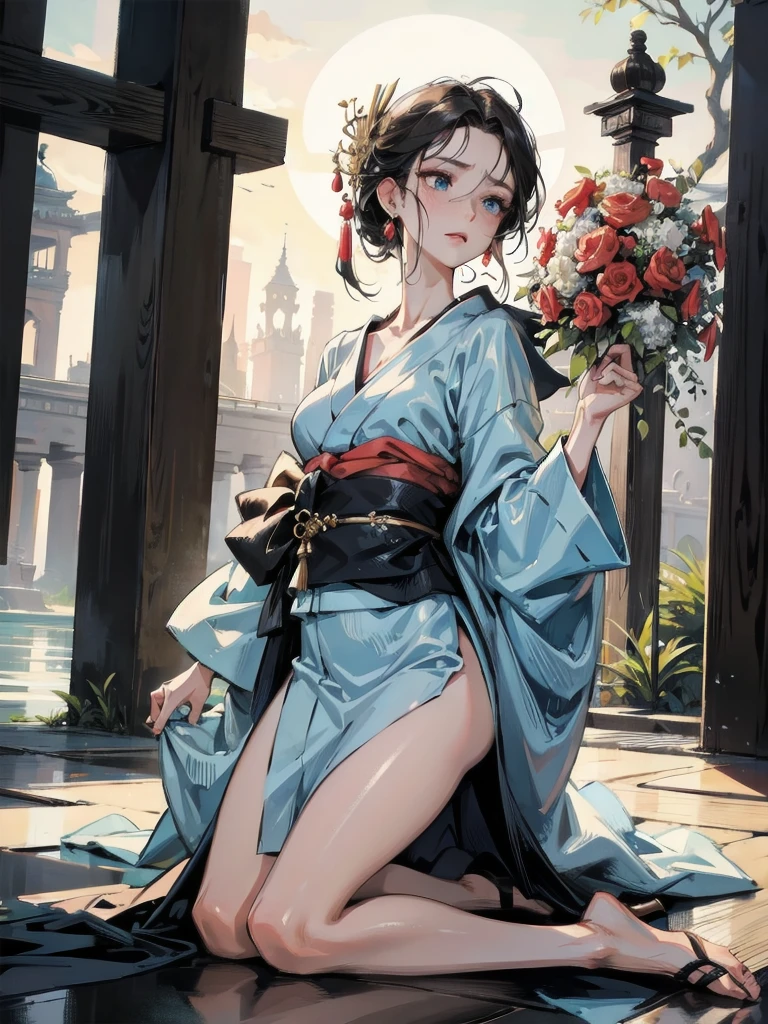 absurdres, RAW photo, extremely delicate and beautiful, masterpiece, Best Quality, ultra high resolution, 32k, hyperrealistic, ultra-detailed, in her 20s, delicate facial features, beautiful detailed girl, extremely detailed eyes and face, beautiful detailed eyes, tearful mole, earring, medium breasts, full body shot, shorter middle hair, black hair, kimono, haori,