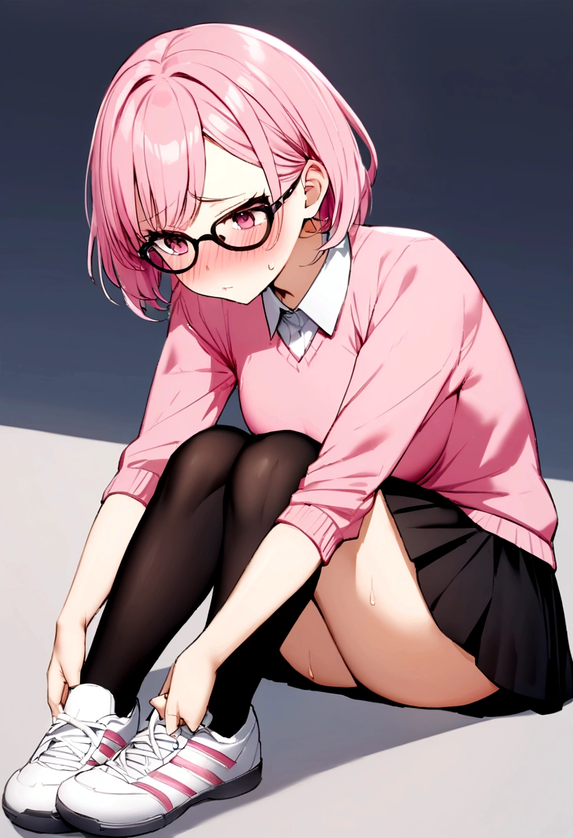 pink hair black glasses pink eyes extremely blushing a big pink sweater short black skirt black stockings white tennis shoes that is a reserved girl that is pouting