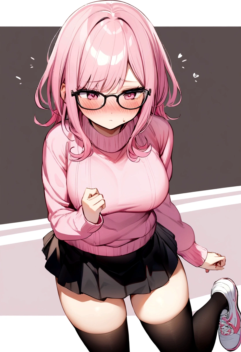 pink hair black glasses pink eyes extremely blushing a big pink sweater short black skirt black stockings white tennis shoes that is a reserved girl that is pouting